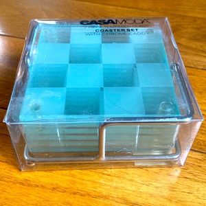 Vintage MCM CasaModa Checkerboard glass coaster set with chrome caddy set of six